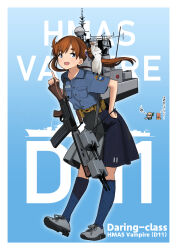  1boy 2girls ammunition_pouch animal_on_shoulder battle_rifle belt bird bird_on_shoulder blue_background blue_eyes blue_shirt blue_skirt blue_socks border breast_pocket brown_belt brown_hair commentary_request emblem english_text fang fn_fal full_body grey_shoes grey_skirt gun gun_sling hand_on_own_hip highres hmas_vampire_(d11) index_finger_raised kantai_collection looking_to_the_side mast multicolored_skirt multiple_girls open_mouth original patch perth_(kancolle) pocket pouch rifle rigging rudder_footwear ship_turret shirt shoes short_sleeves shoulder_patch skirt socks timmyyen translation_request twintails weapon white_border 