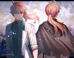  2boys ahoge aki_(neyuki41028) arms_at_sides blurry brown_cape cape chaldea_logo chaldea_no_mono chaldea_uniform closed_mouth coat depth_of_field fate/grand_order fate_(series) gold_ring green_coat green_eyes hair_between_eyes hood hooded_cape jewelry letterboxed light_smile long_hair looking_to_the_side low_ponytail male_focus multicolored_coat multiple_boys orange_hair outside_border ponytail ring romani_archaman scar scar_on_arm sleeves_rolled_up torn_cape torn_clothes twitter_username two-tone_coat white_coat 