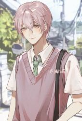  1boy alternate_costume alternate_hair_length alternate_hairstyle bag chinese_commentary closed_mouth code:_kite collared_shirt commentary_request contemporary day green_necktie hair_between_eyes highres looking_at_viewer luxingyao male_focus mole mole_under_eye necktie outdoors pink_eyes pink_hair pink_sweater_vest power_lines school_bag school_uniform shirt short_hair short_sleeves smile solo sweater_vest tree upper_body white_shirt yuan_ji_(code:_kite) 