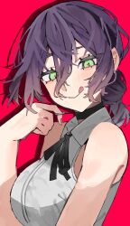  1girl bare_shoulders black_choker black_ribbon breasts chainsaw_man choker collared_shirt green_eyes grenade_pin hair_between_eyes hair_bun highres light_blush looking_at_viewer medium_breasts medium_hair neck_ribbon pink_background purple_hair reze_(chainsaw_man) ribbon shirt sleeveless sleeveless_shirt smile solo tongue tongue_out updo upper_body walk43049101art white_shirt 
