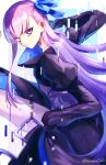  1girl bangs blue_background blue_eyes blue_ribbon fate/grand_order fate_(series) glitch hair_ribbon long_hair long_sleeves looking_at_viewer meltryllis_(fate) purple_hair ribbon sleeves_past_fingers sleeves_past_wrists solo soraao0322 twitter_username two-tone_background very_long_hair white_background 