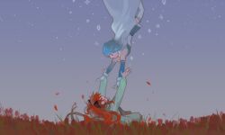  2girls arms_up blue_eyes blue_hair blue_sky bow cape commentary_request field flower flower_field flying gloves hair_bow happy highres long_hair magical_girl mahou_shoujo_madoka_magica mahou_shoujo_madoka_magica_(anime) miki_sayaka miki_sayaka_(magical_girl) multiple_girls open_mouth ponytail reaching reaching_towards_another red_flower red_hair red_petals riyu_qvq sakura_kyoko short_hair skirt sky smile sparkle thigh-highs white_cape white_gloves 