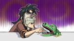  1boy big_nose black_hair brown_jacket crocodile crocodile_dentist crocodilian itou_kaiji jacket kaiji long_sleeves nervous open_mouth playing shirt short_hair sleeves_rolled_up solo steve_yurko toy trembling 