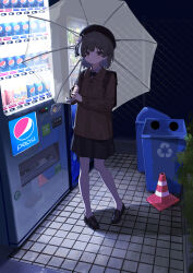  1girl :/ absurdres backpack bag beret black_bag black_bow black_bowtie black_hat black_shoes black_skirt bow bowtie brown_coat brown_eyes brown_hair closed_mouth coat collared_shirt commentary_request flower full_body hair_flower hair_ornament hair_rings hat hatoba_tsugu highres holding holding_umbrella loafers long_sleeves looking_at_viewer medium_hair outdoors pantyhose pepsi rose shirt shoes single_hair_ring skirt solo standing traffic_cone transparent transparent_umbrella trash_can tsugu_(vtuber) umbrella umbrella_over_shoulder vending_machine virtual_youtuber white_flower white_pantyhose white_rose white_shirt yuk1 