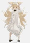  1girl alternate_costume animal_ears arknights bangs black_bow black_bowtie black_footwear blonde_hair bow bowtie dress eyebrows_visible_through_hair fox_ears fox_tail full_body grey_background hand_up highres holding holding_pillow long_sleeves looking_at_viewer mary_janes multiple_tails ns404 pillow shoes short_hair simple_background socks solo standing suzuran_(arknights) tail white_dress white_legwear yellow_eyes 