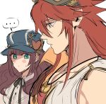  ... 1boy 1girl cardia_beckford code:realize goggles goggles_on_head green_eyes hat hetero highres impey_barbicane kash-phia large_pectorals looking_at_another looking_back looking_to_the_side male_focus meme pectoral_cleavage pectoral_envy_(meme) pectoral_focus pectorals profile redhead shirt sleeveless sleeveless_shirt spoken_ellipsis sweat sweatdrop 