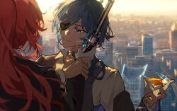 2boys blue_eyes blue_hair cocktail_glass cup dark-skinned_male dark_skin diluc_(genshin_impact) drinking_glass earrings eyepatch genshin_impact gun hair_over_shoulder holding holding_gun holding_weapon inseki jewelry kaeya_(genshin_impact) long_hair low_ponytail male_focus mochuuuuuuu multiple_boys one_eye_covered ponytail red_hair single_earring smile step-siblings weapon 