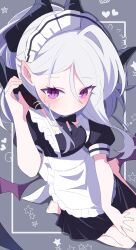  1girl apron blue_archive blush breasts commentary_request demon_girl demon_horns demon_wings highres hina_(blue_archive) horns long_hair looking_at_viewer low_wings maid maid_apron maid_headdress sasanoha_(sasanoha0712) sitting small_breasts solo violet_eyes white_hair wings 