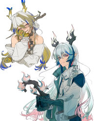  1boy 1girl absurdres arknights bare_shoulders blue_hair blue_hands chinese_commentary closed_eyes closed_mouth colored_extremities commentary_request dragon_boy dragon_girl dragon_horns earrings eastern_dragon_horns flower_pot grey_hair hair_between_eyes hair_intakes hand_on_own_cheek hand_on_own_face head_rest highres holding holding_flower_pot horns jacket jewelry long_hair long_sleeves looking_at_viewer multicolored_hair necklace ofuda_earrings pink_eyes plant pointy_ears potted_plant shu_(arknights) simple_background smile songshu_guan streaked_hair upper_body white_background white_jacket yi_(arknights) 