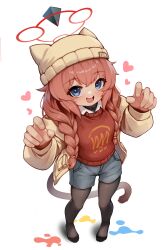  1girl :d animal_ear_headwear beanie black_sweater blue_archive blue_eyes blush braid braided_twintails bright_pupils brown_hat brown_jacket brown_pantyhose brown_tail cat_tail chinese_commentary claw_pose collared_shirt commentary from_above full_body grey_shorts hair_between_eyes hair_over_shoulder halo hands_up hat heart heart-shaped_pupils highres jacket kemonomimi_mode long_hair long_sleeves looking_at_viewer maki_(blue_archive) maki_(camp)_(blue_archive) making-of_available no_shoes official_alternate_costume official_alternate_hairstyle open_clothes open_jacket open_mouth paint_splatter pantyhose pocket red_hair red_halo red_sweater_vest shadow shirt shorts sidelocks simple_background smile solo standing sweater sweater_vest symbol-shaped_pupils tail teeth twin_braids upper_teeth_only wangcorai white_background white_shirt 