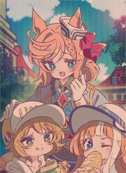  3girls :d akikawa_yayoi_(umamusume) animal_ears baguette blonde_hair blue_eyes blue_ribbon bow braid bread brown_hair building closed_mouth clouds commentary_request day dixie_cup_hat ears_through_headwear eating fang food french_flag gloves hand_on_another's_head hat hat_ribbon holding holding_food honkawa_works horse_ears horse_girl jacket long_hair military_hat multicolored_hair multiple_girls one_eye_closed open_mouth orange_hair outdoors red_bow ribbon satake_mei short_hair skin_fang smile two-tone_hair umamusume venus_paques_(umamusume) white_gloves white_hair white_hat white_jacket yellow_eyes 