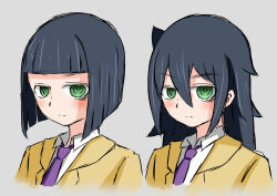  alternate_hair_length alternate_hairstyle black_hair blunt_bangs blunt_ends bob_cut commentary_request dual_persona green_eyes hair_between_eyes inverted_bob katajin_329 kuroki_tomoko long_hair necktie school_uniform short_bangs short_hair simple_background upper_body watashi_ga_motenai_no_wa_dou_kangaetemo_omaera_ga_warui! 