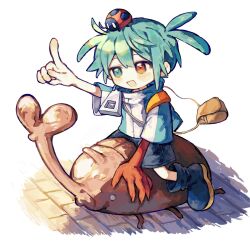  1boy beetle black_boots black_shorts blue_eyes blue_hair blush boots brown_bag bug double-parted_bangs griffon0416 hair_between_eyes heterochromia highres index_finger_raised ladybug male_focus open_mouth puyopuyo red_eyes short_hair short_sleeves shorts sig_(puyopuyo) simple_background smile solo white_background zipper zipper_pull_tab 