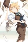  1boy animal blonde_hair bow bowtie brown_headwear brown_shorts brown_vest cat flat_cap hat highres holding holding_animal karaori lafcadio_hearn one_eye_closed short_hair short_sleeves shorts smile the_sealed_esoteric_history touhou vest wanted yellow_eyes 
