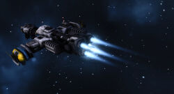  3d commentary dark_background english_commentary eve_online flying glowing hauler_(eve_online) hauling_ship_(eve_online) highres outdoors outer_ring_excavations_(eve_online) primae_(eve_online) radio_antenna realistic science_fiction space spacecraft special_edition_ship_(eve_online) star_(sky) starry_sky_background thrusters vankaiser 