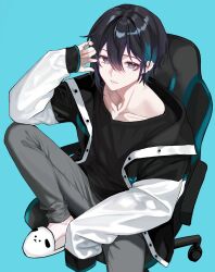  1boy animal_slippers aqua_background aqua_eyes arm_up black_hair black_shirt chair feet_on_chair from_above gaming_chair grey_pants hair_between_eyes hashtag-only_commentary highres jacket leg_up mayuzumi_kai mayuzumi_kai_(1st_costume) multicolored_hair multicolored_jacket nijisanji on_chair open_clothes open_jacket pants parted_lips shirt short_hair simple_background single_sleeve_past_fingers single_sleeve_past_wrist slippers solo streaked_hair swivel_chair take_426 two-tone_jacket virtual_youtuber 