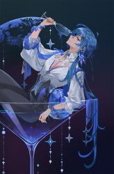  1boy antenna_hair black_pants blue_eyes blue_hair champagne_flute cocktail_glass commentary_request cup dark-skinned_male dark_skin drinking_glass earrings genshin_impact hair_over_shoulder highres holding jewelry kaeya_(genshin_impact) long_hair long_sleeves low_ponytail male_focus mochuuuuuuu pants partially_open_shirt pectoral_cleavage pectorals ponytail shirt single_earring smile white_shirt 