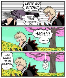  1girl 2boys bakugou_katsuki black_choker black_gloves blonde_hair boku_no_hero_academia bomb_devil_(chainsaw_man) chainsaw_man choker closed_mouth commentary dragon_ball dragon_ball_z elbow_gloves english_commentary english_text final_form_frieza frieza gloves multiple_boys neck_ribbon object_head open_mouth reze_(chainsaw_man) ribbon shirt short_hair sleeveless sleeveless_shirt speech_bubble spiky_hair teeth tree wanderjegson 