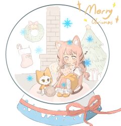  1girl :3 absurdres ahoge animal animal_ear_fluff animal_ears animal_slippers bell black_bow black_ribbon blanket blunt_bangs blush_stickers bow bowtie brown_eyes bunny_slippers carpet cat cat_ears cat_girl chair chibi chinese_commentary christmas christmas_stocking christmas_tree christmas_wreath cloak closed_mouth clothed_animal commentary_request downturned_eyes ear_covers fire frilled_shirt frilled_skirt frilled_sleeves frills hair_bow hair_ribbon highres holding holding_needle hood hood_up hooded_cloak infinity_nikki kemonomimi_mode knitting knitting_needle layered_skirt long_hair long_skirt long_sleeves looking_at_object low_twintails merry_christmas miaoliang01075 momo_(nikki) musical_note needle nikki_(nikki) nikki_(series) off-shoulder_shirt off_shoulder on_chair perfect_start_(infinity_nikki) pink_eyes pink_hair pink_skirt pleated_skirt puffy_long_sleeves puffy_sleeves red_bow red_bowtie ribbon rocking_chair shirt simple_background sitting skirt sleeves_past_wrists slippers smile snow_globe snowflakes socks sparkle traditional_bowtie tress_ribbon twintails very_long_hair wavy_hair white_background white_cat white_shirt white_skirt white_socks wreath yarn yarn_ball yellow_cloak yellow_slippers 