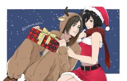 1boy 1girl adjusting_scarf animal_costume bare_arms bare_shoulders belt black_belt black_hair blue_background border box breasts brown_hair brown_shoes christmas christmas_present couple dress eren_yeager fur-trimmed_dress fur-trimmed_headwear fur_trim gift gift_box green_eyes grey_eyes hair_between_eyes hat hetero highres hood hood_up looking_at_another medium_breasts medium_hair mikasa_ackerman parted_bangs parted_lips peanuts261912 red_dress red_scarf reindeer_costume santa_costume santa_dress santa_hat scarf shingeki_no_kyojin shoes short_dress short_hair smile snowing strapless strapless_dress tube_dress twitter_username white_border 