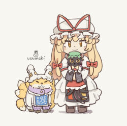  1girl blonde_hair blush brown_shoes cat chen chen_(cat) closed_mouth commentary_request dress fox hair_ribbon hat highres long_hair long_sleeves red_ribbon revision ribbon shoes smile touhou uzumaki_osushi white_dress white_hat yakumo_ran yakumo_ran_(fox) yakumo_yukari 