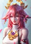  1girl absurdres animal_ears bangs bare_shoulders blurry blurry_foreground breasts detached_sleeves earrings fox_ears genshin_impact hair_between_eyes hair_ornament highres jerry_loh jewelry long_hair looking_at_viewer necklace parted_lips pink_hair portrait realistic solo violet_eyes yae_miko 