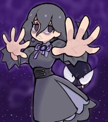  1girl 1her0 @_@ bags_under_eyes black_dress black_hair corset dress earrings fangs feet_out_of_frame full_body furrowed_brow gastly hair_between_eyes hands_up hex_maniac_(pokemon) hex_maniac_(pokemon_legends:_z-a) jewelry juliet_sleeves long_hair long_sleeves neck_ribbon open_hands open_mouth outstretched_arms pokemon pokemon_(creature) pokemon_legends:_z-a puffy_sleeves purple_ribbon ribbon smile space sphere_earrings star_(sky) starry_sky_background v-shaped_eyes violet_eyes 