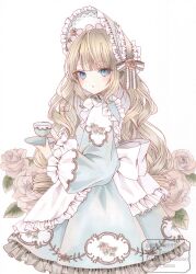  1girl absurdres alice's_adventures_in_wonderland alice_(alice_in_wonderland) apron back_bow blonde_hair blue_dress blue_eyes blush bonnet bow chinstrap cowboy_shot dress drill_hair floral_print floral_print_dress flower frilled_apron frilled_bonnet frills from_side hands_up highres holding holding_saucer holding_teapot lolita_fashion long_hair long_sleeves looking_at_viewer marker_(medium) parted_lips paruno pink_flower pink_rose print_dress puffy_long_sleeves puffy_sleeves rose saucer solo teapot traditional_media very_long_hair watermark white_apron white_background white_bonnet white_bow 