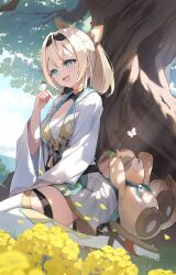  1girl :d ahoge aqua_eyes black_hairband blonde_hair breasts bug butterfly chest_sarashi commentary_request cowengium day double-parted_bangs egasumi falling_petals flower hair_between_eyes hairband hakama hakama_short_skirt hakama_skirt hand_up highres hololive japanese_clothes kazama_iroha kazama_iroha_(1st_costume) kimono medium_breasts medium_hair miniskirt open_mouth outdoors petals pokobee ponytail sandals sarashi sitting skirt smile solo tabi thigh-highs tree virtual_youtuber white_kimono white_thighhighs zouri 