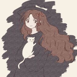  1girl absurdres alternate_hair_length alternate_hairstyle animal animal_hug black_hat black_shirt blush bow brown_eyes brown_hair cat closed_mouth earrings fushianatan hair_bow hat hat_bow highres holding holding_animal hoop_earrings jewelry looking_at_viewer red_bow shirt smile solo touhou usami_renko wavy_hair white_background white_cat 
