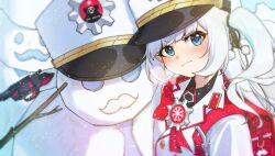  1girl absurdres backpack bag bag_charm black_ribbon black_shirt blue_archive blue_eyes blush bow bowtie buttons charm_(object) cherino_(blue_archive) collared_shirt commentary_request emblem facial_hair fake_facial_hair fake_mustache gloves gun hair_ornament hair_ribbon hat highres holding holding_gun holding_weapon jacket long_hair long_sleeves looking_at_viewer military_hat moving_gun mustache nagant_m1895 pom_pom_(clothes) pom_pom_hair_ornament randoseru red_bag red_bow red_winter_federal_academy_logo revolver ribbon shako_cap shirt snowflake_print snowing snowman solo two_side_up upper_body v-shaped_eyebrows weapon white_gloves white_hair white_hat white_jacket 