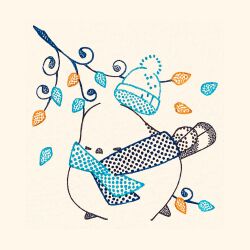  animal_focus beanie bird branch closed_eyes commentary_request full_body hat highres long-tailed_tit no_humans original pom_pom_(clothes) pom_pom_beanie scarf tit_(bird) traditional_media usagi_shigeko winter winter_clothes 