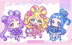 3girls :d ;o ahoge aokaze_nana artist_name blonde_hair blue_boots blue_dress blue_eyes blue_hair blue_outline blunt_bangs blush boots border bow bowtie chibi chibi_only closed_mouth commentary copyright_name cure_idol cure_kyunkyun cure_wink double-parted_bangs double_bun dress full_body grid_background hair_between_eyes hair_bow hair_bun hair_ornament hairband hand_on_own_chest hand_up heart heart_background heart_hair_ornament kimi_to_idol_precure kuzumochi_(hgnon82) long_hair looking_at_viewer magical_girl midriff monkey_ears monkey_girl multicolored_hair multiple_girls navel one_eye_closed one_side_up open_mouth outline outside_border outstretched_arm pantyhose parted_lips pink_border pink_outline pink_shirt pink_skirt plaid_bow precure purple_boots purple_bow purple_bowtie purple_dress purple_hair purple_outline purple_pantyhose sakura_uta_(precure) shigure_kokoro shirt short_sleeves signature skirt smile standing standing_on_one_leg streaked_hair twintails twitter_username two-tone_hair very_long_hair violet_eyes watermark white_background white_boots white_hairband yellow_eyes
