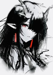  1girl absurdres antlers arknights commentary_request dusk_(arknights) earrings grey_background hair_over_one_eye highres horns jewelry long_hair looking_at_viewer monochrome parted_lips pointy_ears red_eyes simple_background sketch solo spot_color upper_body wwvc7qr8fvifxz 