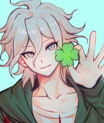  1boy aqua_background chinese_commentary clover collarbone commentary_request cyacyacyacyaki danganronpa_(series) danganronpa_2:_goodbye_despair four-leaf_clover green_jacket grey_eyes hair_between_eyes hand_up head_tilt highres holding holding_clover jacket komaeda_nagito long_bangs long_sleeves looking_at_viewer male_focus portrait sanpaku shirt short_hair simple_background smile solo tsurime white_hair white_shirt 