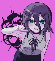  1girl :d amenbopotupotu arm_at_side bare_arms bare_shoulders black_choker black_pants breasts chainsaw_man choker collared_shirt commentary cowboy_shot double-parted_bangs explosion green_eyes grey_shirt grin hair_between_eyes hand_up highres index_finger_raised leaning_forward long_hair_between_eyes low_ponytail medium_hair neck_ribbon pants pink_background pixel_art ponytail purple_hair purple_ribbon reze_(chainsaw_man) ribbon shirt sidelocks simple_background sleeveless sleeveless_shirt small_breasts smile solo standing 