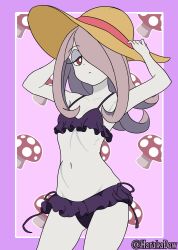  1girl absurdres bikini breasts frilled_bikini frills hair_over_one_eye hands_on_headwear harukadew hat highres large_hat little_witch_academia long_hair mushroom navel one_eye_covered pale_skin purple_bikini red_eyes simple_background small_breasts solo sucy_manbavaran sun_hat swimsuit twitter_username 