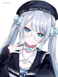  1girl :3 absurdres arata_ryou bead_choker beads beret black_hat black_shirt blue_bow blue_dress blue_eyes blue_streaks bow brooch choker closed_mouth collared_dress commentary_request dress dutch_angle glasses grey_hair hair_bow hand_up hat heart heart_brooch highres jewelry kaga_sumire kaga_sumire_(7th_costume) long_hair long_sleeves looking_at_viewer multicolored_hair outstretched_arm shirt simple_background sleeves_past_wrists smile solo streaked_hair swept_bangs twintails upper_body virtual_youtuber vspo! white_background white_choker 