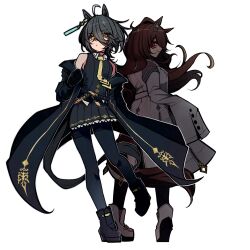 2girls agnes_tachyon_(tach-nology)_(umamusume) agnes_tachyon_(umamusume) ahoge alternate_hair_length alternate_hairstyle animal_ears bare_shoulders belt black_belt black_boots black_coat black_gloves black_hair black_pantyhose black_skirt boots brown_hair chemical_structure closed_mouth coat collared_shirt commentary_request earrings gloves hair_between_eyes highres horse_ears horse_girl horse_tail jewelry kawamochi_(kawauti919) lab_coat long_bangs long_hair looking_at_viewer looking_back manhattan_cafe_(creeping_black)_(umamusume) manhattan_cafe_(umamusume) medium_hair multiple_girls necktie pantyhose red_eyes shirt simple_background single_earring skirt sleeveless sleeveless_shirt sleeves_past_fingers sleeves_past_wrists tail thighband_pantyhose umamusume white_background white_coat wolf_cut yellow_eyes yellow_necktie zipper 