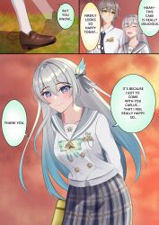  1boy 1girl black_hairband black_ribbon buttons caelus_(honkai:_star_rail) closed_mouth collared_shirt double-breasted english_text firefly_(honkai:_star_rail) firefly_(spring_missive)_(honkai:_star_rail) gradient_eyes green_pupils grey_hair grey_sailor_collar grey_skirt hair_between_eyes hair_intakes hair_ornament hair_ribbon hairband highres honkai:_star_rail honkai_(series) long_hair multicolored_eyes multicolored_hair pleated_skirt ribbon sailor_collar shirt skirt smile trailblazer_(honkai:_star_rail) white_shirt xaphixu 