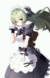  1girl absurdres animal_bag apron bear_bag belt black_dress black_nails breasts chain corin_wickes cowboy_shot cuffs dress green_hair hair_between_eyes highres long_hair looking_at_viewer maid maid_apron maid_headdress puffy_short_sleeves puffy_sleeves screw_hair_ornament short_sleeves signature simple_background smile solo twintails violet_eyes white_apron zenless_zone_zero zeroartwo 