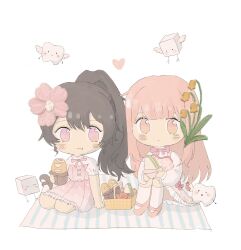  2girls :t absurdres ankle_socks baguette bare_arms belt belt_buckle bloom_poetry_(shining_nikki) bluebell_(flower) blunt_bangs blush_stickers bow bowtie bread brown_eyes brown_hair brown_shoes buckle chibi chinese_commentary closed_mouth collared_shirt commentary_request cross-laced_clothes cross-laced_dress dress eating floral_print flower food food_wrapper frilled_dress frilled_shirt_collar frills fruit hair_between_eyes hair_flower hair_ornament heart high_collar high_ponytail highres holding holding_food kneehighs knees_up long_hair long_sidelocks long_sleeves mary_janes medium_dress miaoliang01075 multiple_girls nikki_(nikki) nikki_(series) picnic picnic_basket pinafore_dress pink_bow pink_bowtie pink_dress pink_eyes pink_flower pink_hair pink_shoes plaid_clothes plaid_dress pleated_dress ponytail print_dress puffy_long_sleeves puffy_short_sleeves puffy_sleeves sandwich shining_nikki shirt shoes short_sleeves sidelocks simple_background sitting sleeveless sleeveless_dress socks strapless strapless_dress strawberry stylist_(nikki) sugar_cube tareme tooth very_long_hair wavy_mouth white_background white_belt white_shirt white_socks yellow_flower yokozuwari 