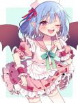  1girl ;d alternate_costume bangs bat_wings blue_background blue_hair blush bow commentary_request dress_bow enmaided fang finger_to_mouth frills looking_at_viewer maid maid_headdress one_eye_closed outside_border pointy_ears puffy_short_sleeves puffy_sleeves red_bow red_eyes red_nails remilia_scarlet short_hair short_sleeves simple_background smile solo touhou touya_(konpekitou) wings wrist_cuffs 