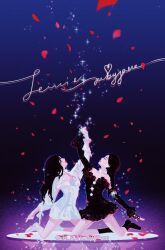  1girl arm_up artist_name_(singer) black_dress black_hair blackpink boots braid braided_ponytail corset dress falling_petals fingerless_gloves full_body gloves hashtag-only_commentary iiiiben jennie_(blackpink) long_hair petals red_lips red_petals sparkle twitter_username white_dress 