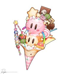  1up apple apple_slice bun_(kirby) candy character-themed_food character_request commentary food food_focus fruit fumu_(kirby) heart highres ice_cream invincible_candy king_dedede kirby kirby's_dream_land kirby:_right_back_at_ya! kirby_(series) lollipop macaron marshmallow maxim_tomato meta_knight ryota_(ry_o_ta) sign signature star_(symbol) swirl_lollipop symbol-only_commentary waddle_dee 