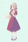  1girl alternate_costume angel_wings bangs belt blue_background blush closed_mouth commentary_request dress flats flower grey_hair holding holding_flower kishin_sagume looking_at_viewer puffy_short_sleeves puffy_sleeves purple_dress red_eyes short_hair short_sleeves simple_background single_wing solo standing touhou touya_(konpekitou) wings 