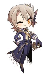  1girl belt black_belt black_gloves black_jacket black_pants blonde_hair chibi chibi_only closed_mouth commentary_request epaulettes full_body gloves hand_on_hilt hasumi_leia jacket long_sleeves looking_at_viewer mahou_shoujo_no_majo_saiban one_eye_closed pants sash sheath sheathed short_hair shoulder_sash simple_background smile solo standing suno_(imydream) sword weapon white_background yellow_eyes 