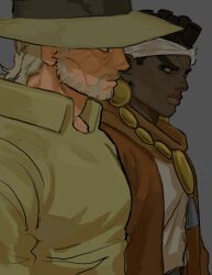  2boys bantu_knots beard black_eyes black_hair collared_shirt dark-skinned_male dark_skin earrings facial_hair grey_background grey_hair hat headband highres jewelry jojo_no_kimyou_na_bouken joseph_joestar joseph_joestar_(old) lingusnita looking_at_another looking_to_the_side male_focus mohammed_avdol multiple_boys necklace scar scar_on_face shirt stardust_crusaders upper_body 