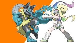  aqua_eyes bike_shorts bike_shorts_under_shorts blacknirrow blonde_hair boots bright_pupils clenched_hands commentary crop_top elbow_gloves eyelashes full_body gloves green_headband green_shorts grey_eyes hair_between_eyes headband highres korrina_(pokemon) legs_apart long_hair lucario mega_lucario_z mega_pokemon mega_stone midriff open_mouth outline outstretched_arm pokemon pokemon_(creature) pokemon_legends:_z-a ponytail purple_headband purple_shirt shirt short_shorts shorts simple_background sleeveless sleeveless_shirt smile standing standing_on_one_leg two-tone_background v-shaped_eyebrows white_boots white_gloves white_outline white_pupils white_shorts 