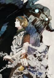  1boy bandaged_arm bandages barba_(shadow_of_the_colossus) blue_eyes blue_hairband brown_hair colossus hairband hand_on_hilt ruka_(blueplus84) shadow_of_the_colossus sheath sheathed short_hair sword twitter_username wander_(shadow_of_the_colossus) weapon 